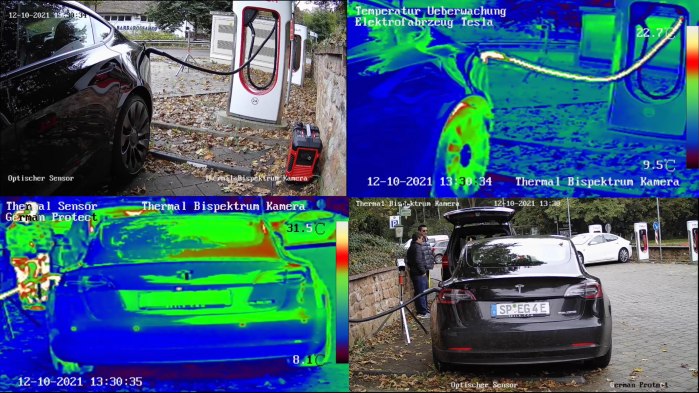 Tesla Model 3 Elektroauto thermale Temperaturüberwachung während dem Ladevorgang mit einer Hikvision Überwachungskamera