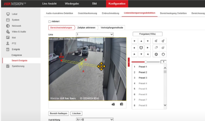 Einstellung von Line Crossing und Alarmbereichen bei einer Hikvision Kamera