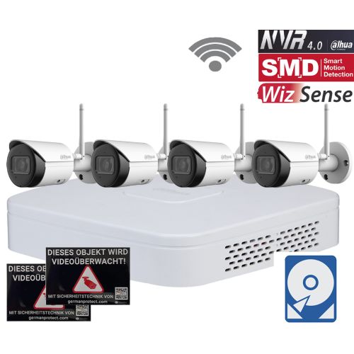 Dahua D4 WLAN Videoüberwachungsset 4x Bullet Kamera 4MP + NVR 4 Kanal + 2 TB Festplatte 