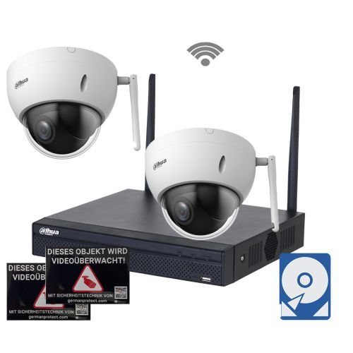 Dahua WLAN Videoüberwachungsset D1F 4x Mini PTZ Dome Kamera 2MP + NVR 4 Kanal + 2TB Festplatte 