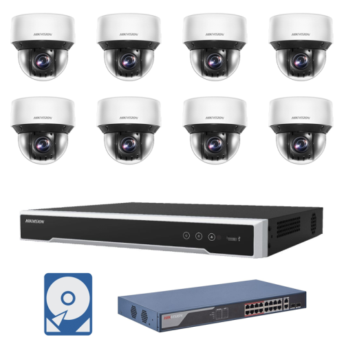 Hikvision Videoüberwachungsset 8x IP PTZ Panorama Kamera + 8 Kanal PoE NVR + POE Switch