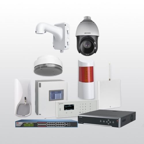 Telenot Funkalarmanlage Komplettset professional mit Außenbereich Videoüberwachung Set 10 inkl. HIKVision Set mit 4 Kameras, 1 NVR und 1 Switch