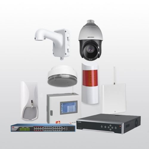 Telenot Funkalarmanlage Komplettset professional mit Außenbereich Videoüberwachung Set 1 inkl. HIKVision Set mit 4 Kameras und 1 Switch