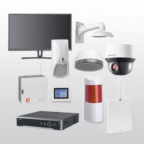 Telenot Funkalarmanlage Komplettset professional mit Außenbereich Videoüberwachung Set 4 inkl. HIKVision Set mit 4 Kameras, 1 NVR und 1 Monitor
