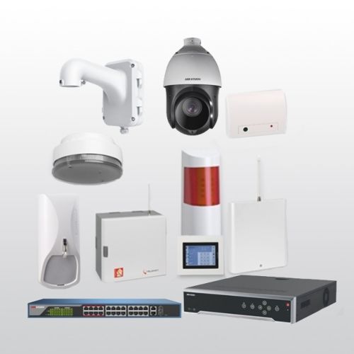 Telenot Funkalarmanlage Komplettset professional mit Außenbereich Videoüberwachung Set 5 inkl. HIKVision Set mit 4 Kameras, 1 NVR und 1 Switch