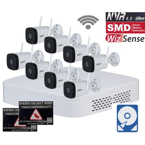 Dahua D23 WLAN Videoüberwachungsset 8x Bullet Kamera 4MP + NVR 8 Kanal + 2 TB Festplatte 