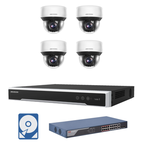 Hikvision Videoüberwachungsset 4x IP PTZ Panorama Kamera + 8 Kanal PoE NVR + POE Switch