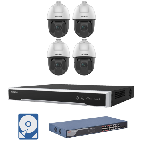 Hikvision Videoüberwachungsset 4x IP PTZ Panorama Kamera + 16 Kanal PoE NVR + POE Switch