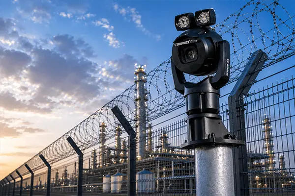 Professionelle Video&uuml;berwachung mit Bosch PTZ &Uuml;berwachungskamera und Infrarotstrahlern auf der Zaunanlage eines Industriegel&auml;ndes in der D&auml;mmerung