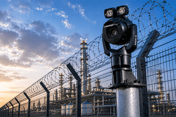 Professionelle Videoüberwachung mit Bosch PTZ Überwachungskamera und Infrarotstrahlern auf der Zaunanlage eines Industriegeländes in der Dämmerung